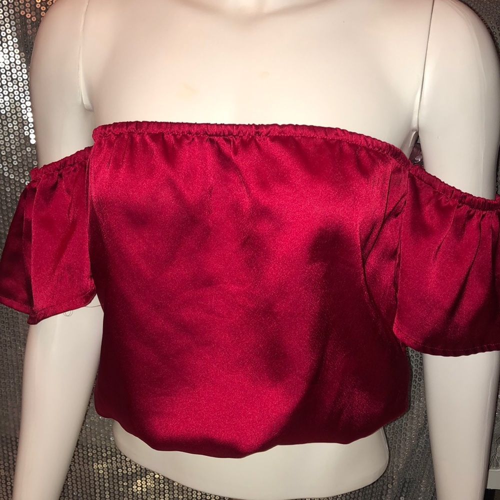 Agaci red silky off shoulder top